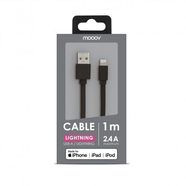 Câble MFI / USB-A plat pour iPhone iPad 1 m - noir