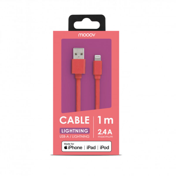 Câble MFI / USB-A plat pour iPhone iPad 1 m - rouge corail