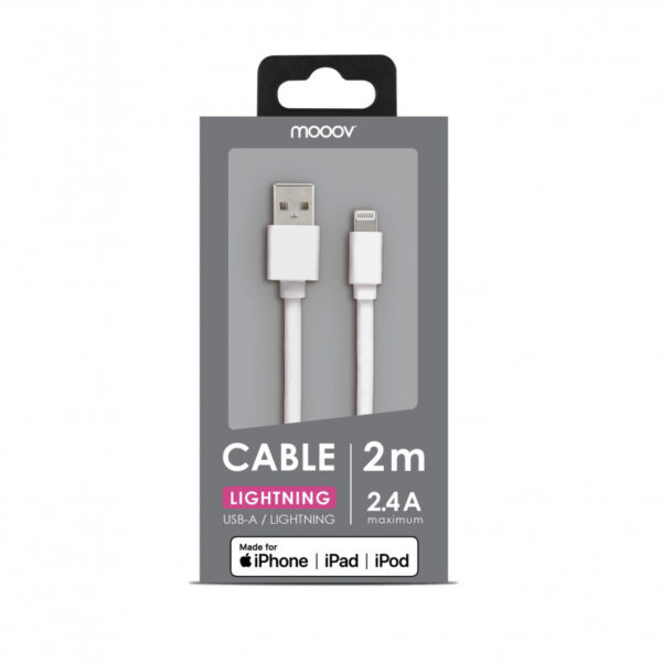 Câble MFI / USB-A plat pour iPhone iPad 2 m - blanc