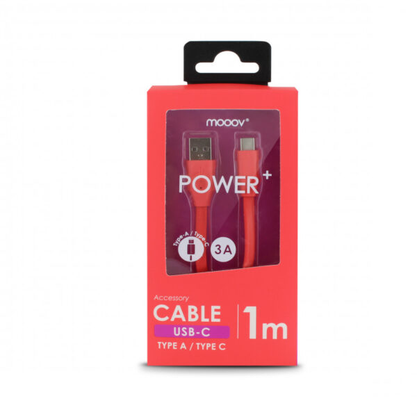 Câble USB-C /USB-A plat 1 m - rouge corail