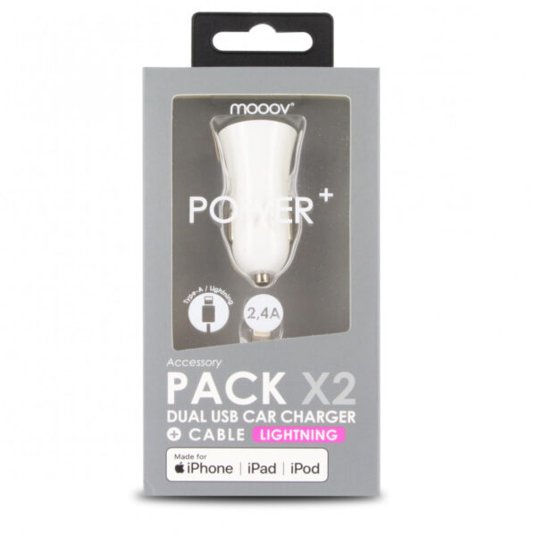 Chargeur allume-cigares 2 USB-A+ câble USB-A /Lightning MFI 1 m - blanc