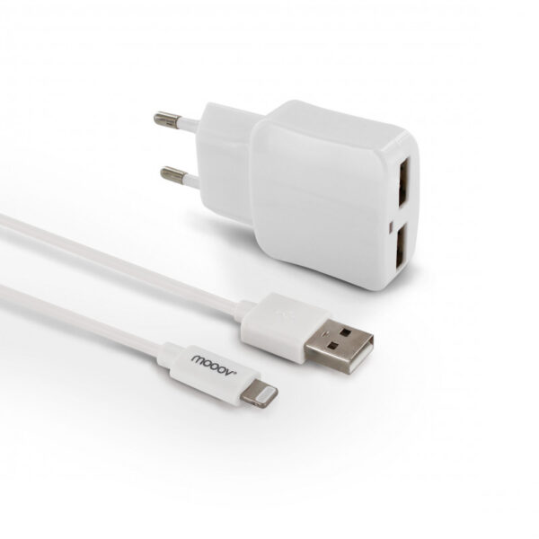 Chargeur secteur 2 USB-A + câble USB-A /Lightning MFI 1 m - blanc
