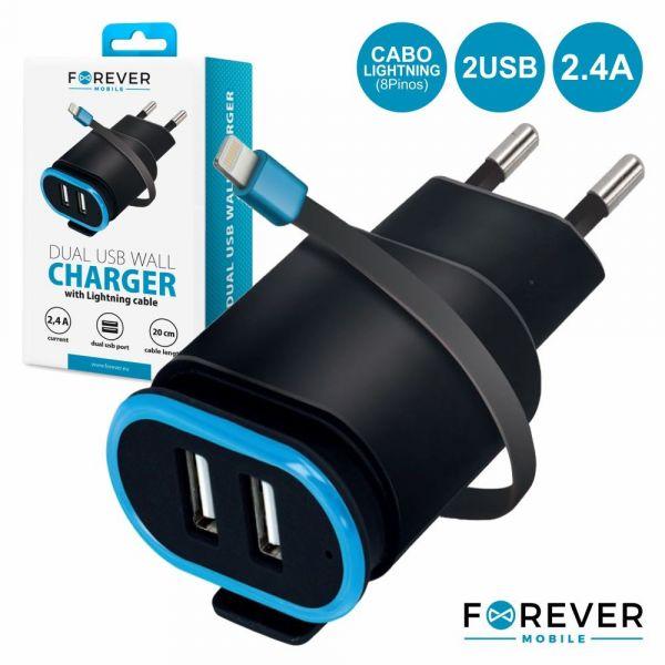 Chargeur mural Forever TC-02 2xUSB 2,4A avec câble iPhone 8 broches noir