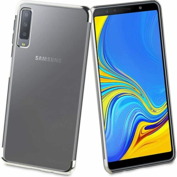 Coque Muvit Cristal pour Samsung Galaxy A7 2018 avec bords galvanisés argentés.